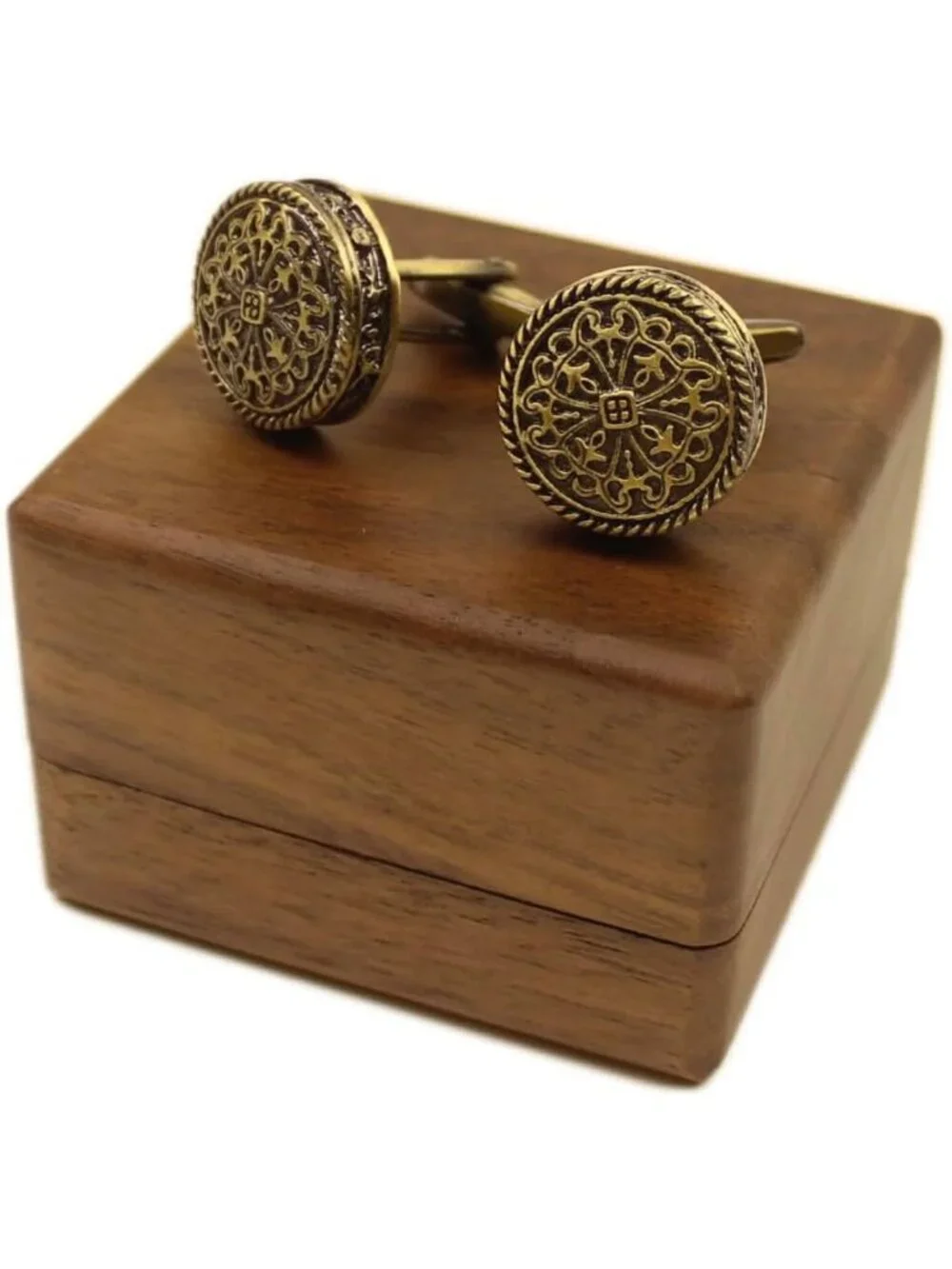 Vintage Round Brass Cufflinks for Men, Tuxedo Accessories with Walnut Gift Box